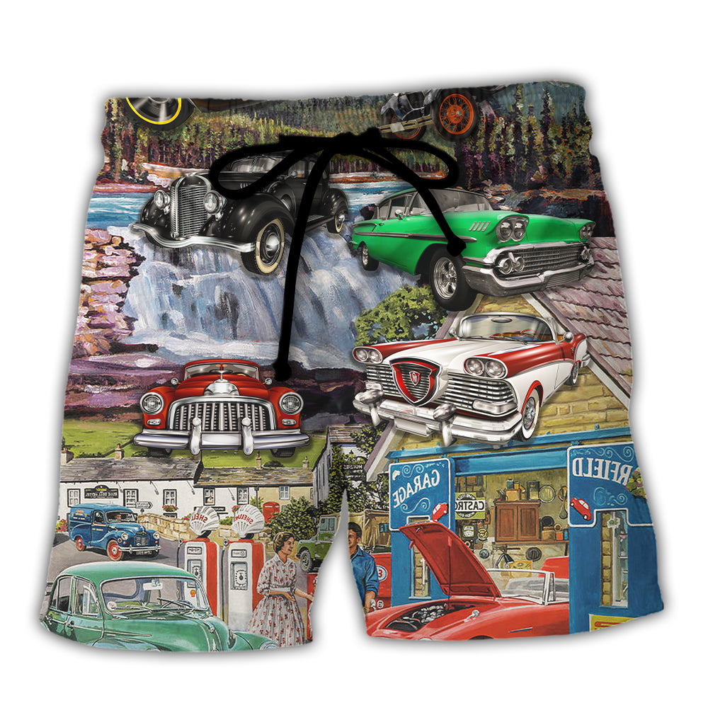 Car Classic Car Life Art Style - Beach Short - Owls Matrix LTD