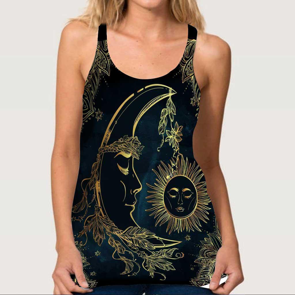 Hippie Soul Color Peaceful Moon Love Sun - Cross Open Back Tank Top - Owls Matrix LTD