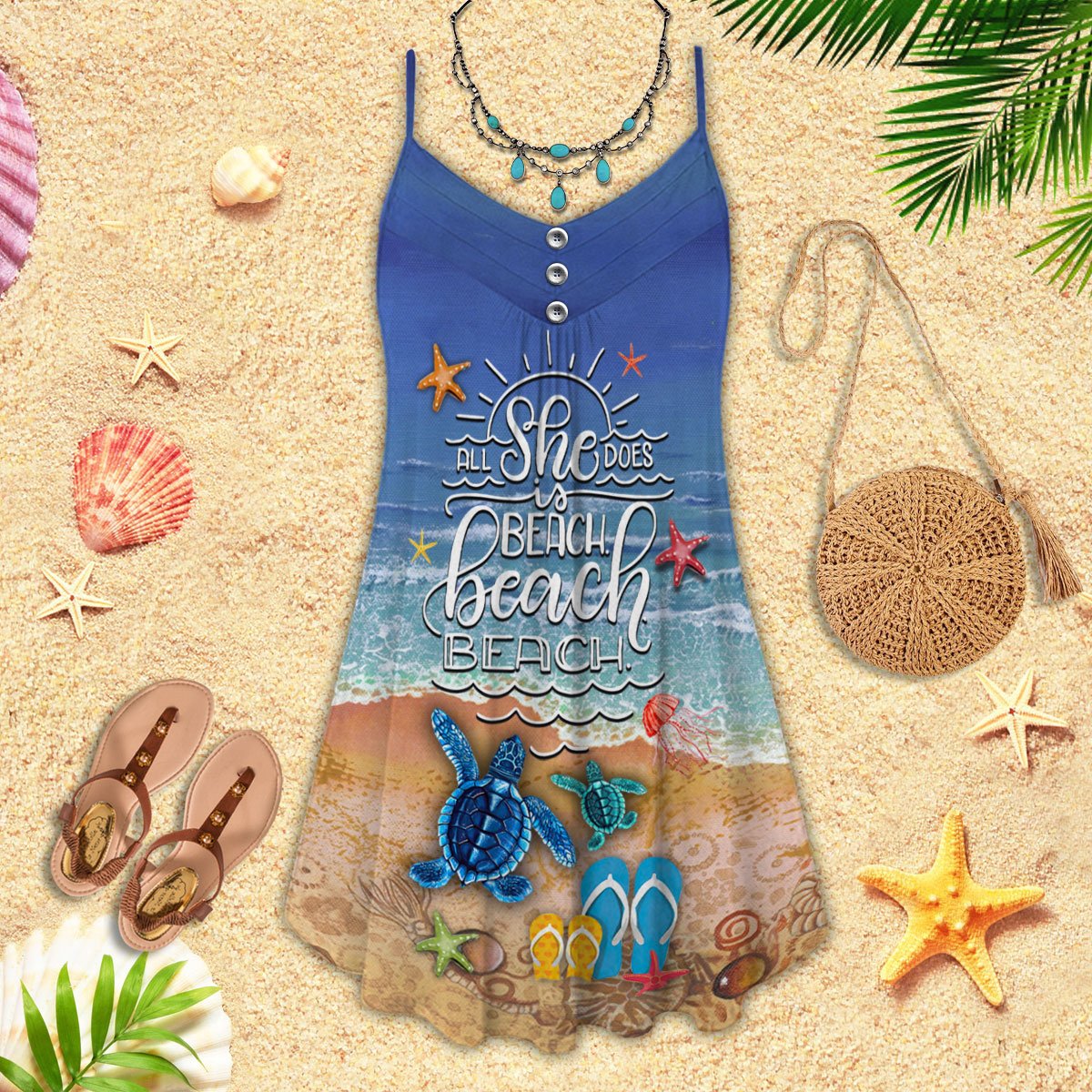 Beach All She Love With Turtle - Summer Dress - Owls Matrix LTD