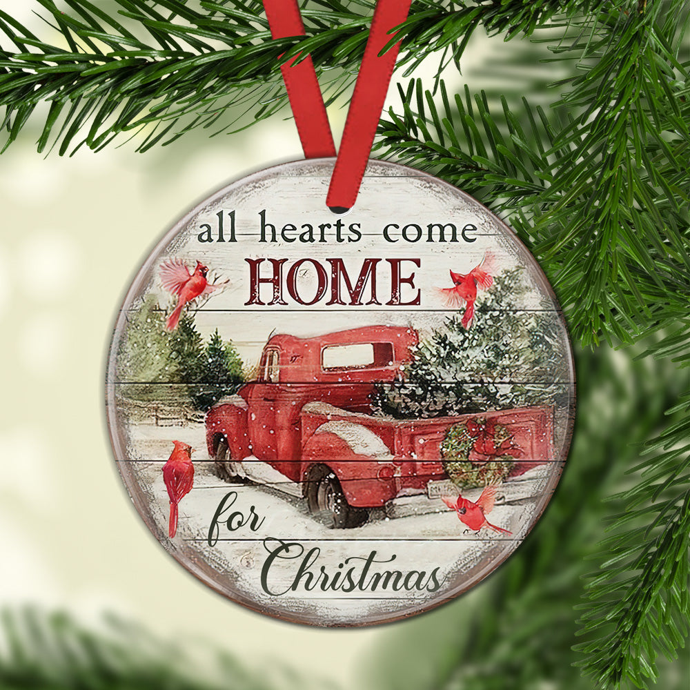 Red Truck Cardinal All Hearts Come Home For Christmas - Circle Ornament - Owls Matrix LTD