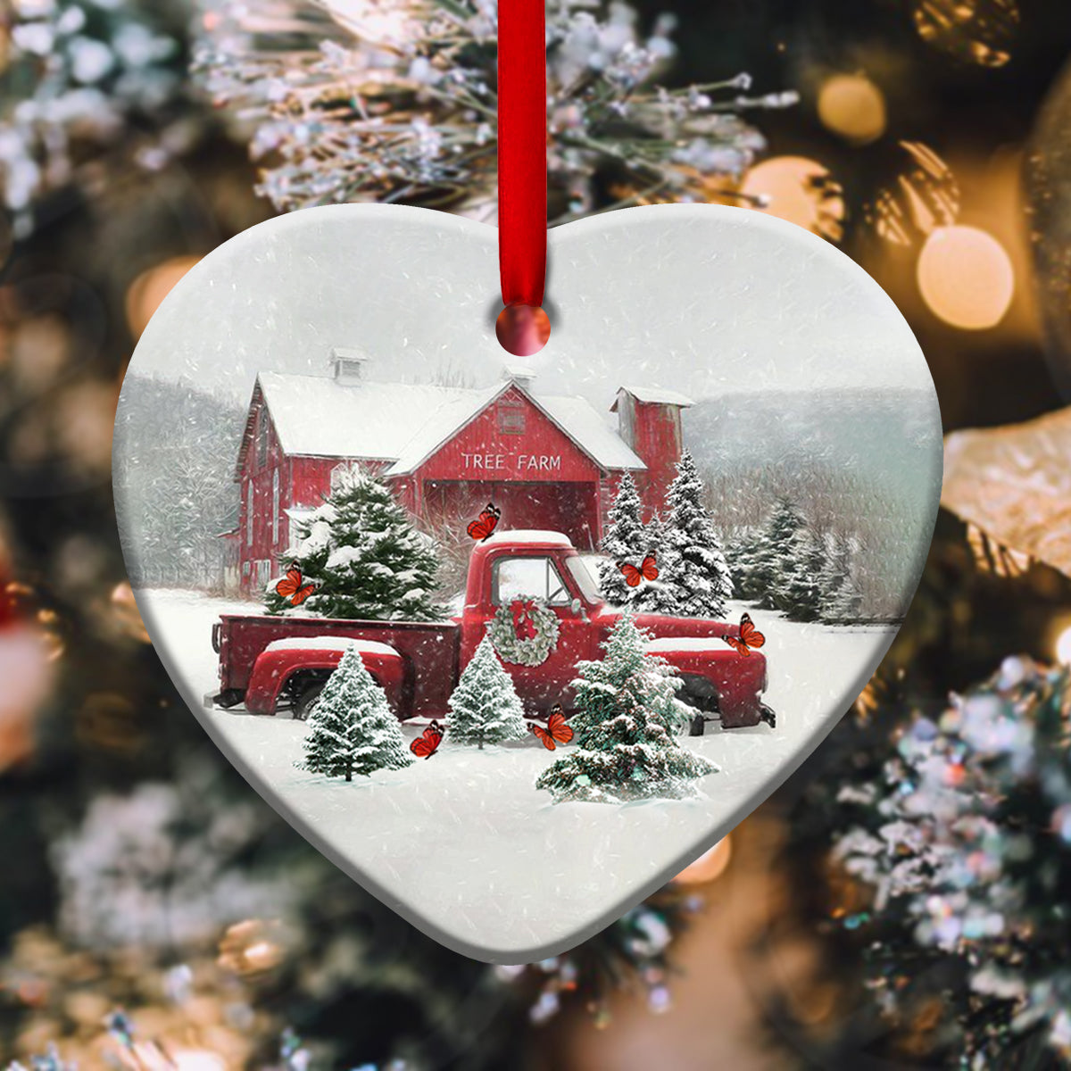 Butterfly Red Truck Snow Christmas - Heart Ornament - Owls Matrix LTD