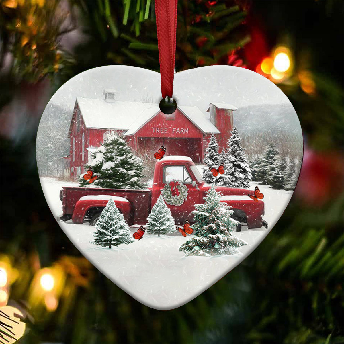 Butterfly Red Truck Snow Christmas - Heart Ornament - Owls Matrix LTD