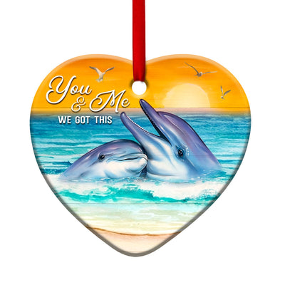 Dolphin Couple Sunset Wood Style - Heart Ornament - Owls Matrix LTD