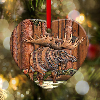 Pack 1 Hunting Wooden Style Moose Hunting - Heart Ornament - Owls Matrix LTD