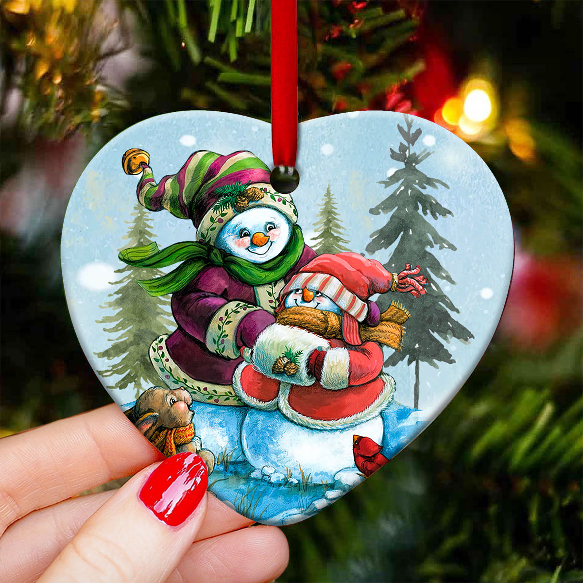 Snowman Grandmother And Granddaughter Side By Side - Heart Ornament - Owls Matrix LTD
