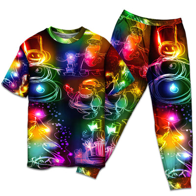 T-shirt + Pants / S Christmas Santa Claus Tree Snowman Neon Light Style - Pajamas Short Sleeve - Owls Matrix LTD