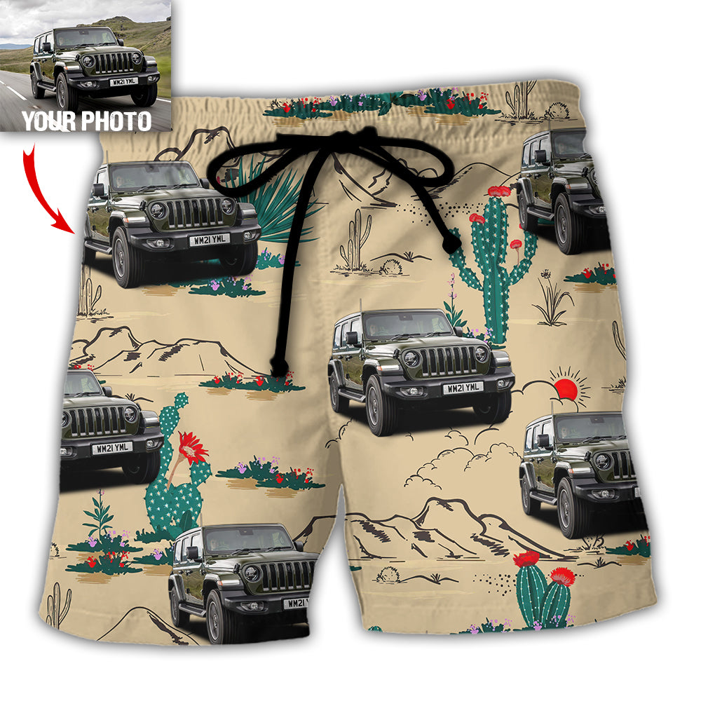 Jeep Cactus in Desert Custom Photo - Beach Short - Owls Matrix LTD