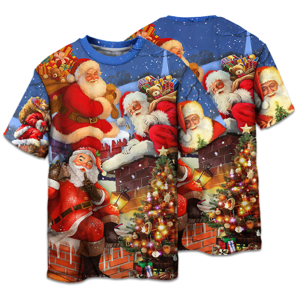 T-shirt / S Christmas Up On Rooftop Santa Claus Art Style - Pajamas Short Sleeve - Owls Matrix LTD