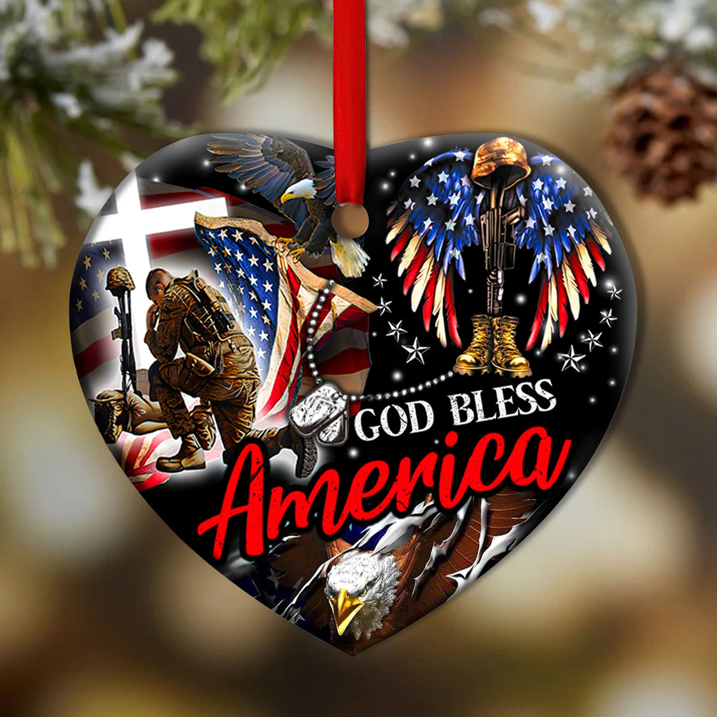 Pack 1 Veteran God Bless America Eagle USA Flag - Heart Ornament - Owls Matrix LTD