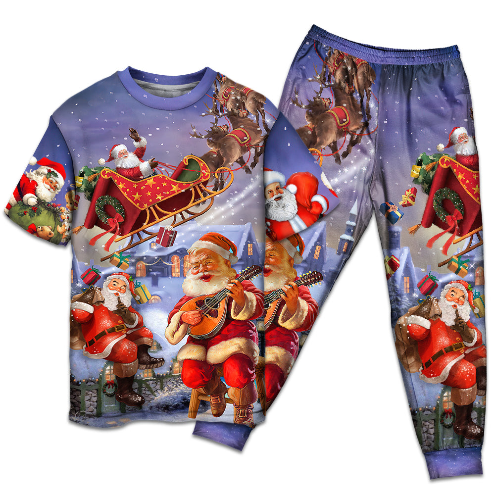 T-shirt + Pants / S Christmas Santa Claus Funny Art Style - Pajamas Short Sleeve - Owls Matrix LTD