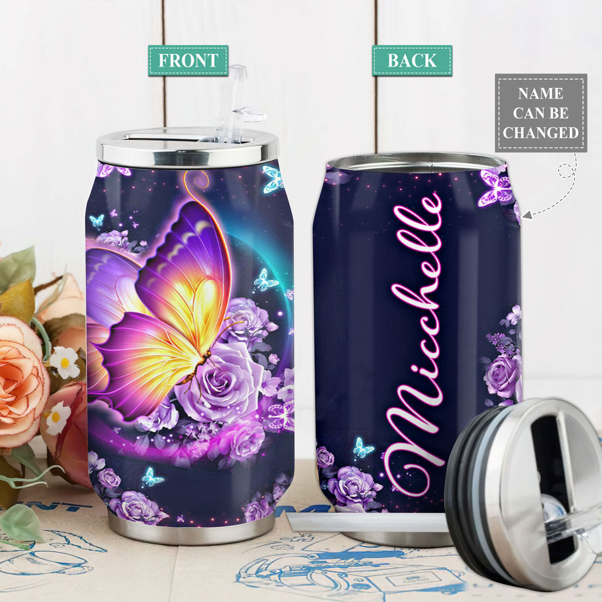 S Butterfly Jewelry Butterflies And Flowers Personalized - Soda Can Tumbler - Owls Matrix LTD