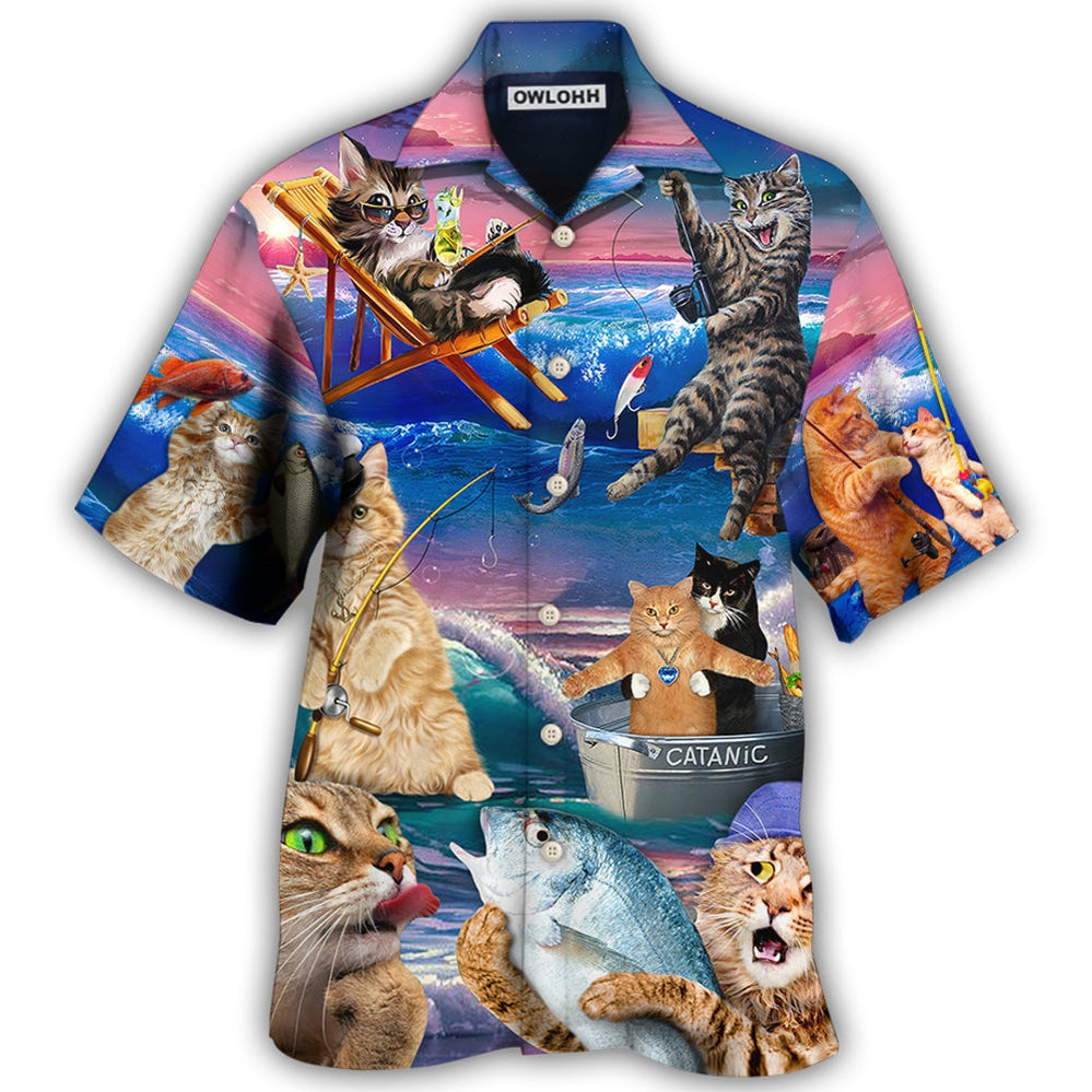 Hawaiian Shirt / Adults / S Fishing Cat Cute Beach Art Style - Hawaiian Shirt - Owls Matrix LTD