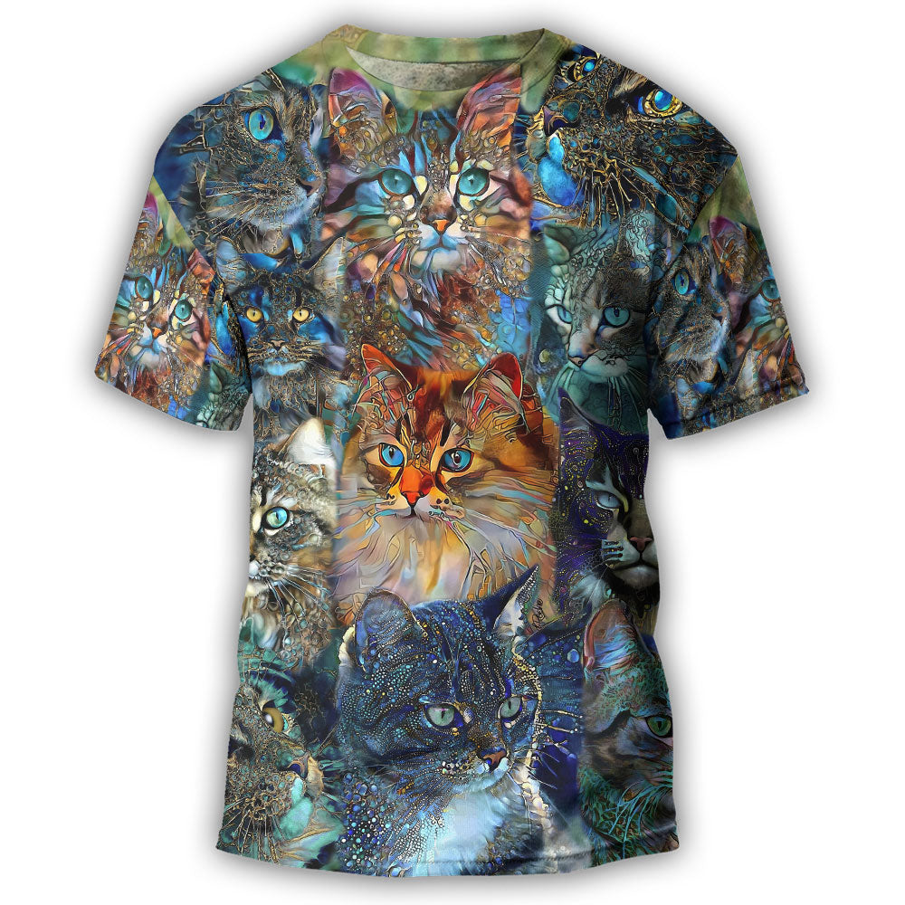 S Cat Glass Art Colorful Cat Lover - Round Neck T-shirt - Owls Matrix LTD