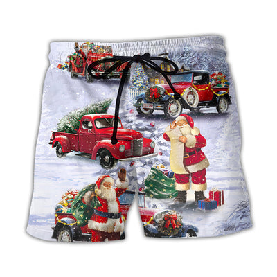 Beach Short / Adults / S Christmas Santa Claus Funny Red Truck Gift For Xmas Painting Style - Beach Short - Owls Matrix LTD
