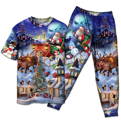 T-shirt + Pants / S Christmas Rudolph Santa Claus Reindeer Gift Light Art Style - Pajamas Short Sleeve - Owls Matrix LTD