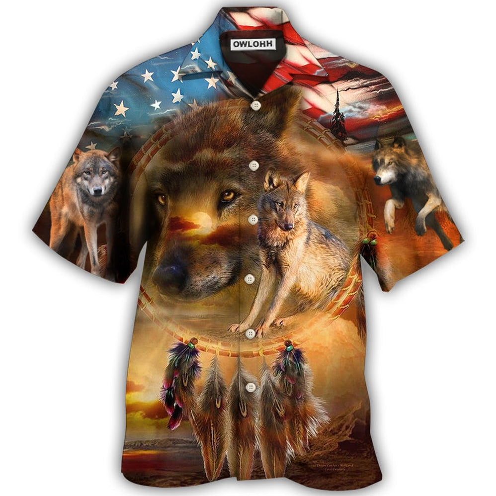 Hawaiian Shirt / Adults / S Wolf Independence Day Dreamcatcher American Flag - Hawaiian Shirt - Owls Matrix LTD