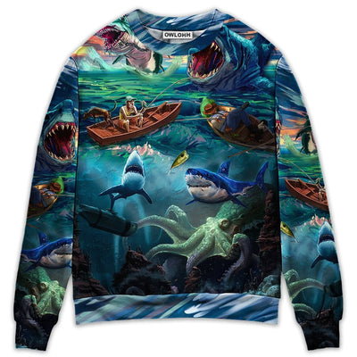 Fishing Shark Crazy Art Style - Sweater - Ugly Christmas Sweaters - Owls Matrix LTD