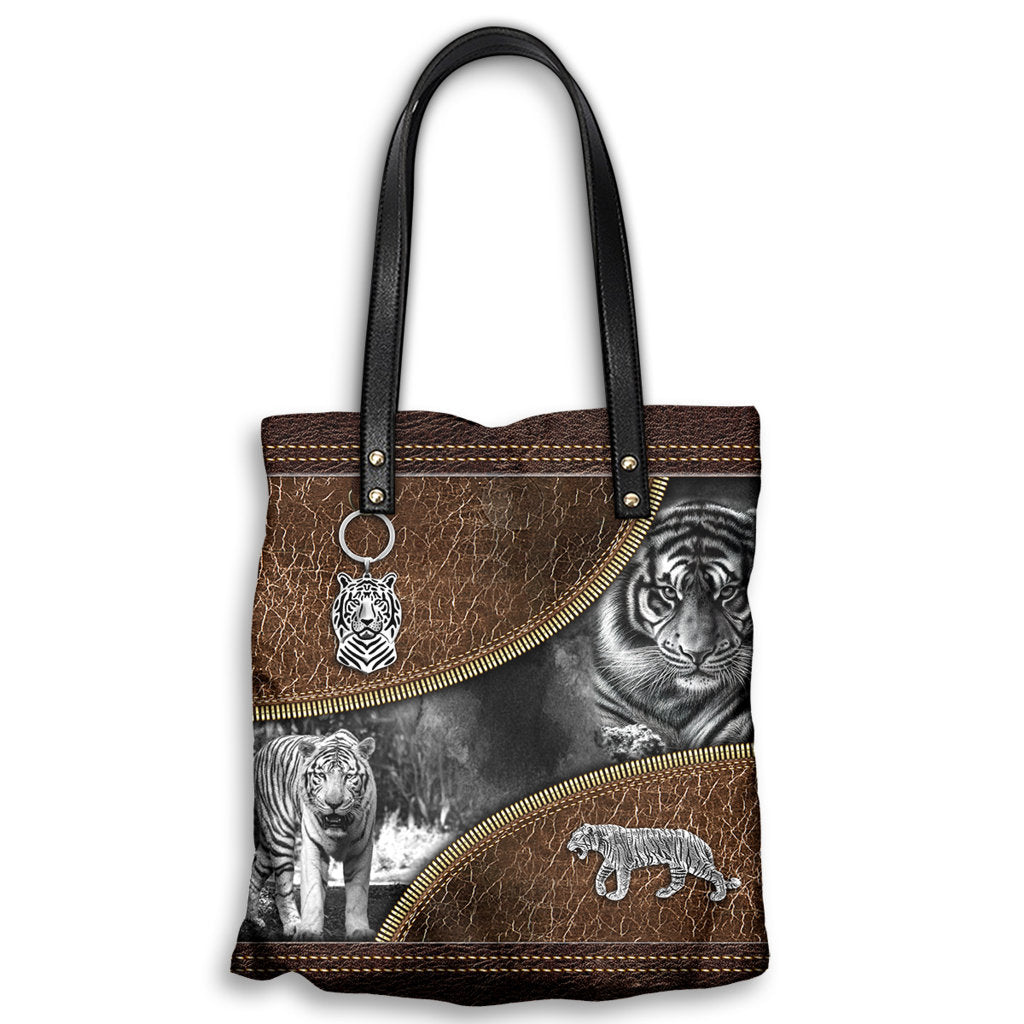 M ( "12.2 x 13.4" ) Tiger Leather Black And White - Leather Hand Bag - Owls Matrix LTD