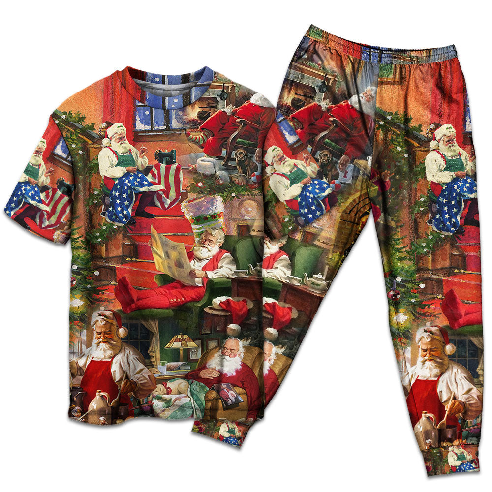 T-shirt + Pants / S Christmas Santa Claus In Daily Life - Pajamas Short Sleeve - Owls Matrix LTD