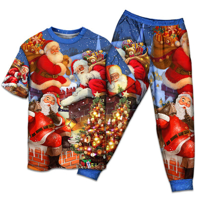 T-shirt + Pants / S Christmas Up On Rooftop Santa Claus Art Style - Pajamas Short Sleeve - Owls Matrix LTD