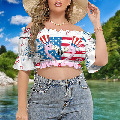 Flamingo Independence Day Star America - Cropped Top With Short Puff Sleeve