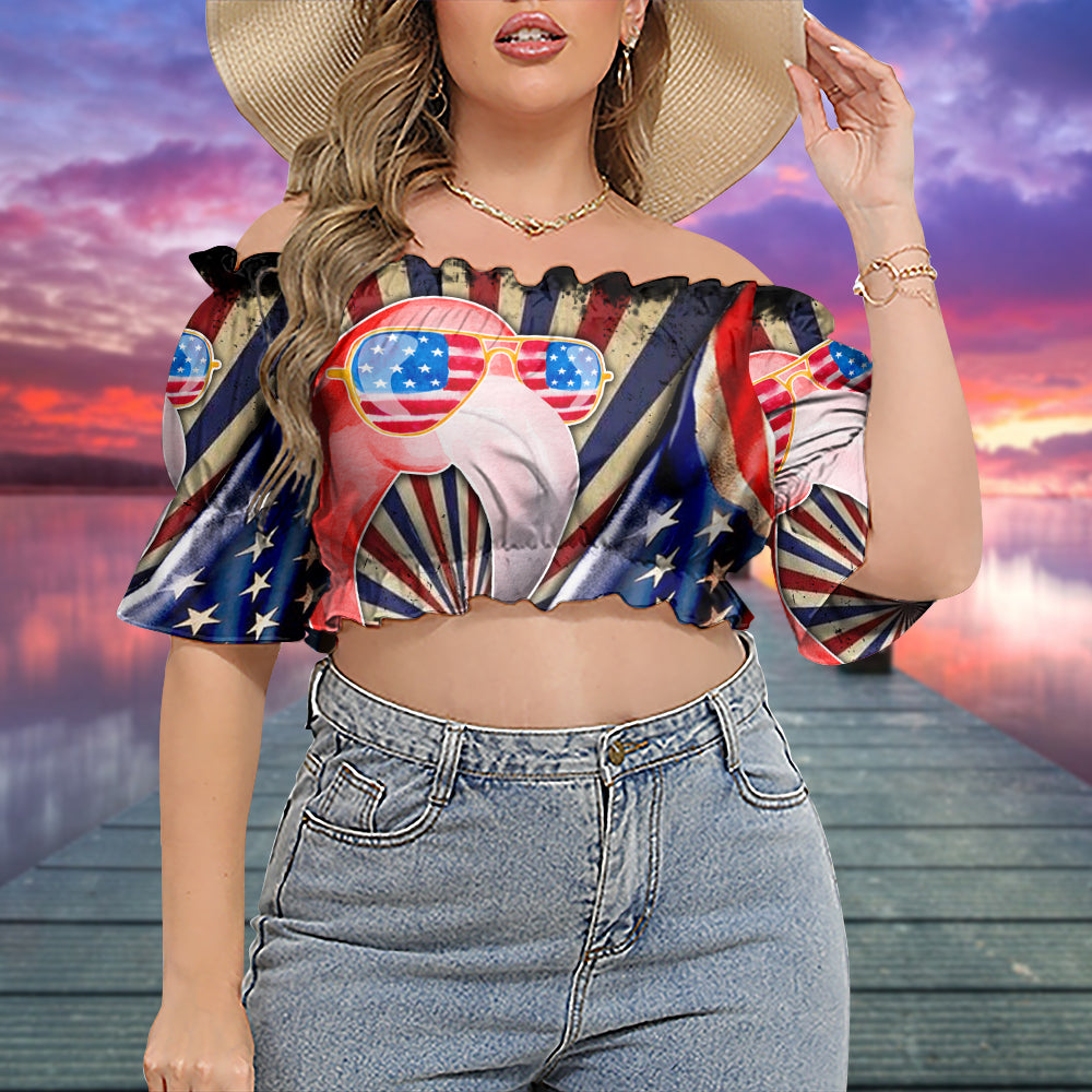 Flamingo Independence Day - Cropped Top With Short Puff Sleeve
