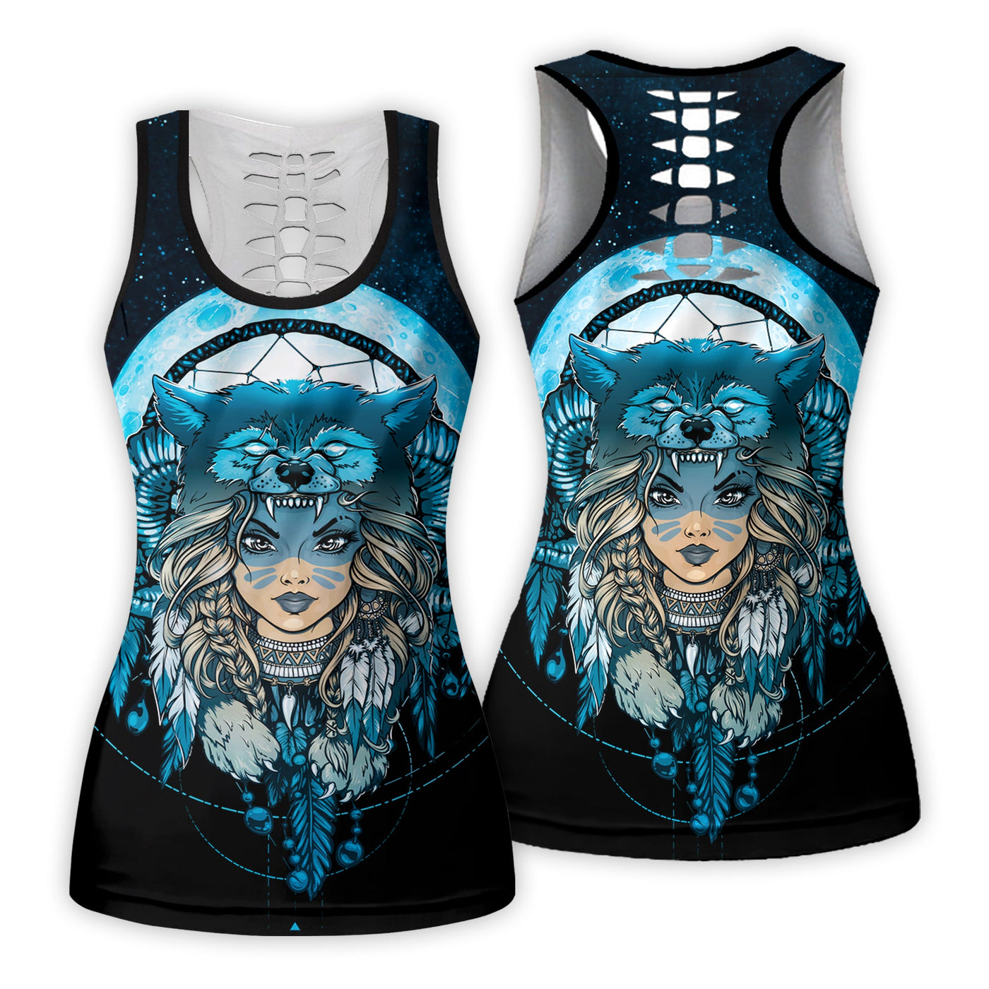 Native Girl Wolf Dreamcatcher Blue - Tank Top Hollow - Owls Matrix LTD