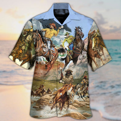 Cowboy Shootin Riding Horse Desert - Hawaiian Shirt - Owls Matrix LTD