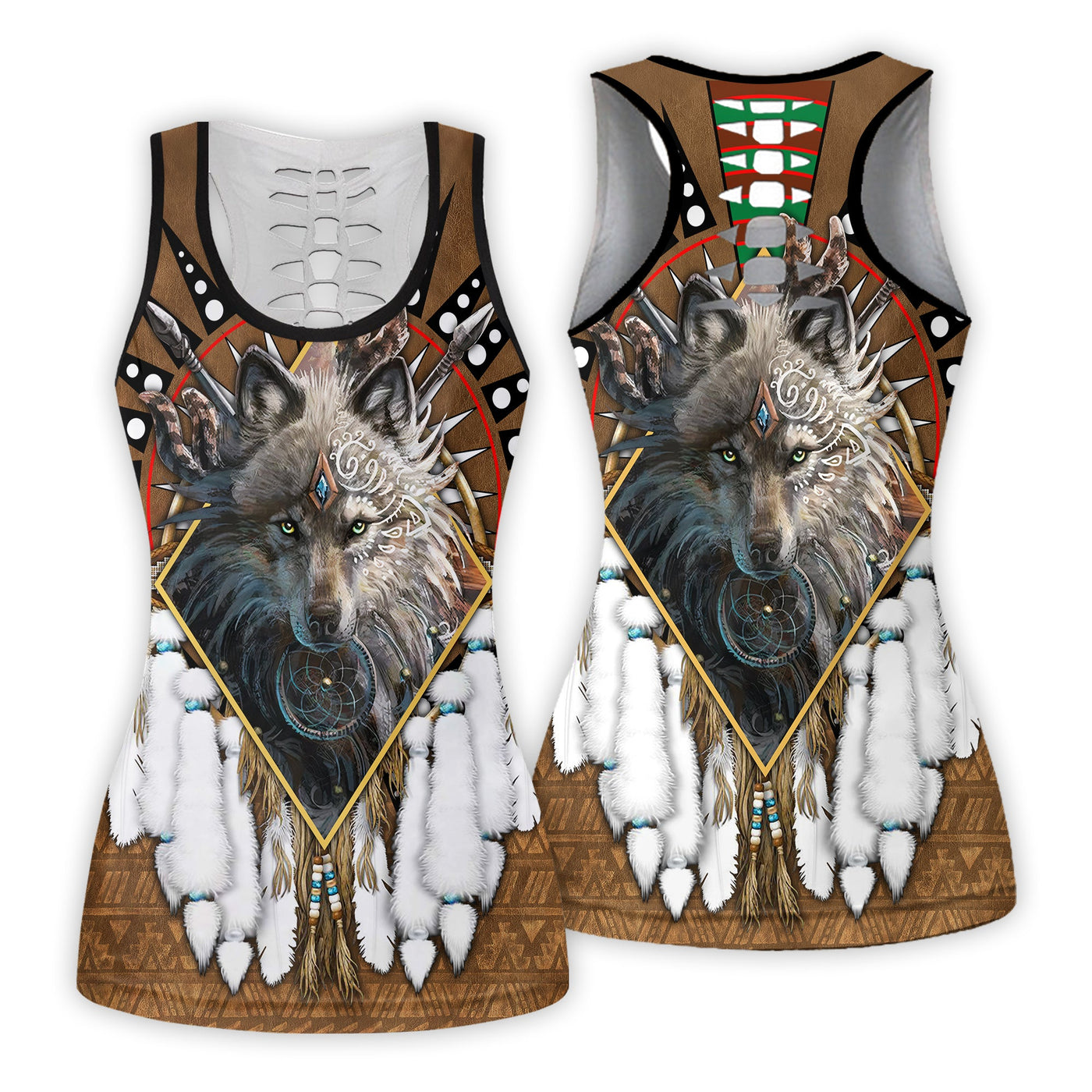 Native Wolf Dreamcatcher Leather Style - Tank Top Hollow - Owls Matrix LTD
