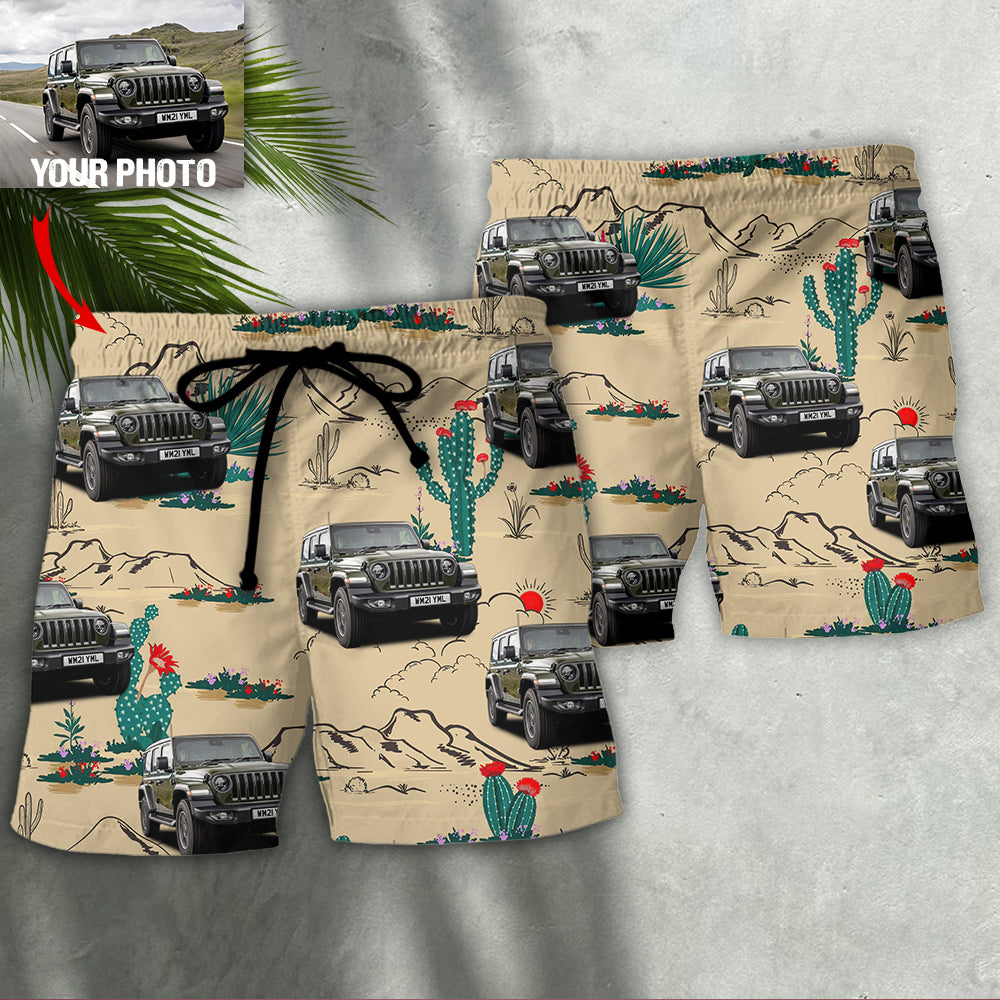 Jeep Cactus in Desert Custom Photo - Beach Short - Owls Matrix LTD