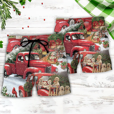 Christmas Red Truck With Xmas Tree And Little Puppy - Beach Short - Owls Matrix LTD