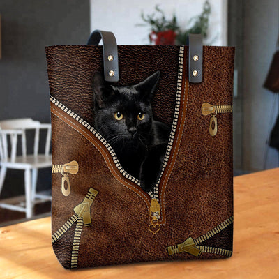 Black Cat Black Leather Zipper - Leather Hand Bag - Owls Matrix LTD