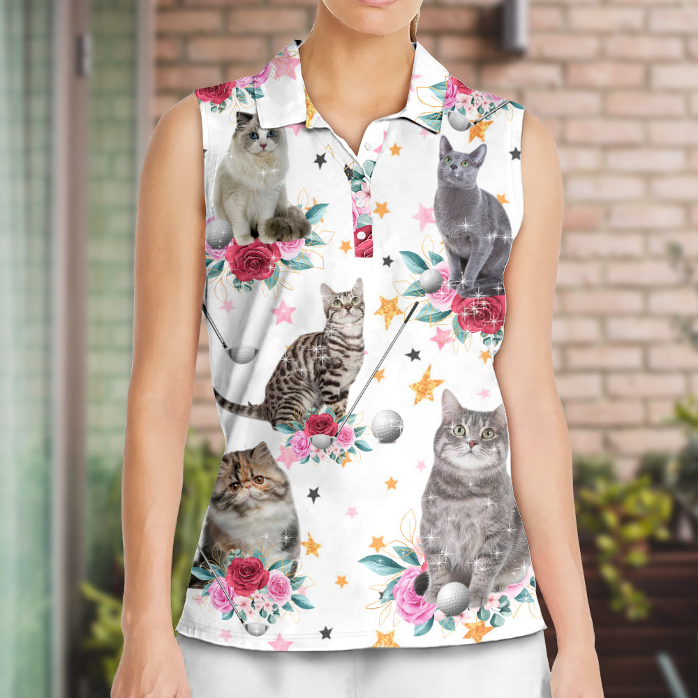 Cat Play Golf Tropical Floral Bling Style - Women's Polo Shirt - Owls Matrix LTD