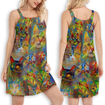 Cat Lovely Amazing Colorful - Women's Sleeveless Cami Dress - Owls Matrix LTD