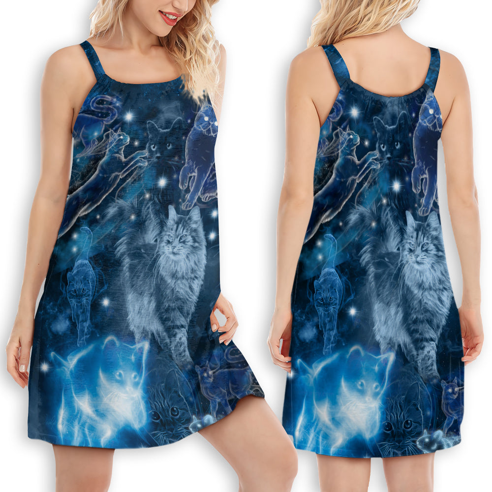 Cat Love Blue Neon Stunning - Women's Sleeveless Cami Dress - Owls Matrix LTD