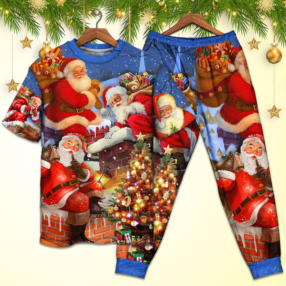 Christmas Up On Rooftop Santa Claus Art Style - Pajamas Short Sleeve - Owls Matrix LTD