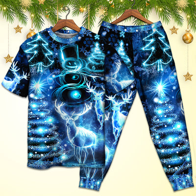 Christmas Deer Snowman Tree Glow Light Style - Pajamas Short Sleeve - Owls Matrix LTD