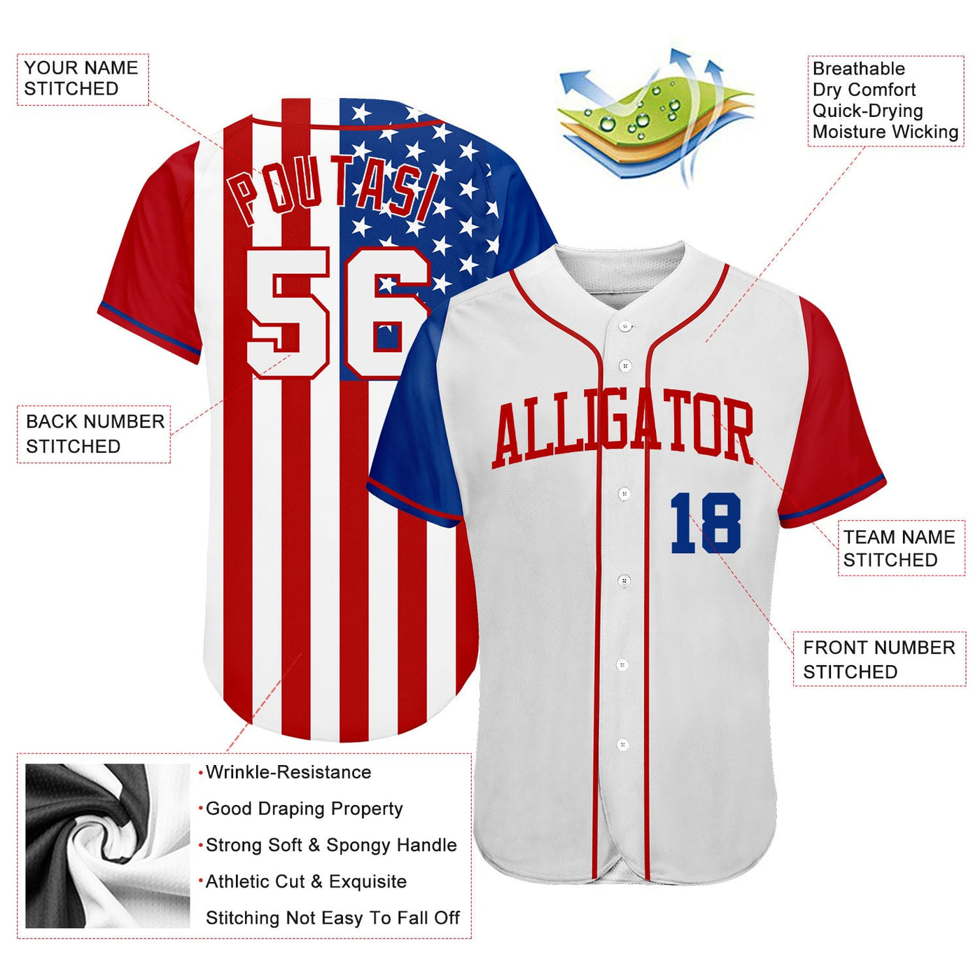 Custom White White-Red 3D American Flag Authentic Baseball Jersey - Owls Matrix LTD