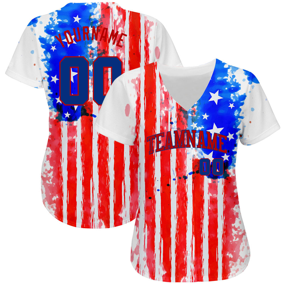 Custom White Royal-Red 3D American Flag Authentic Baseball Jersey - Owls Matrix LTD
