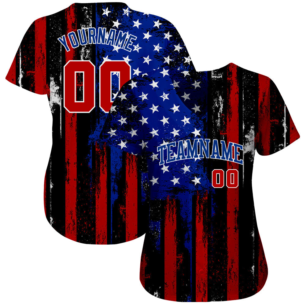 Custom Black Red Royal-White 3D Distressed American Flag Authentic Baseball Jersey - Owls Matrix LTD