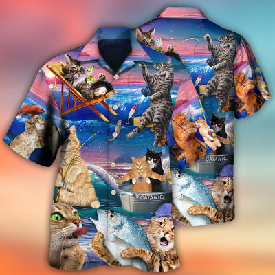Fishing Cat Cute Beach Art Style - Hawaiian Shirt - Owls Matrix LTD