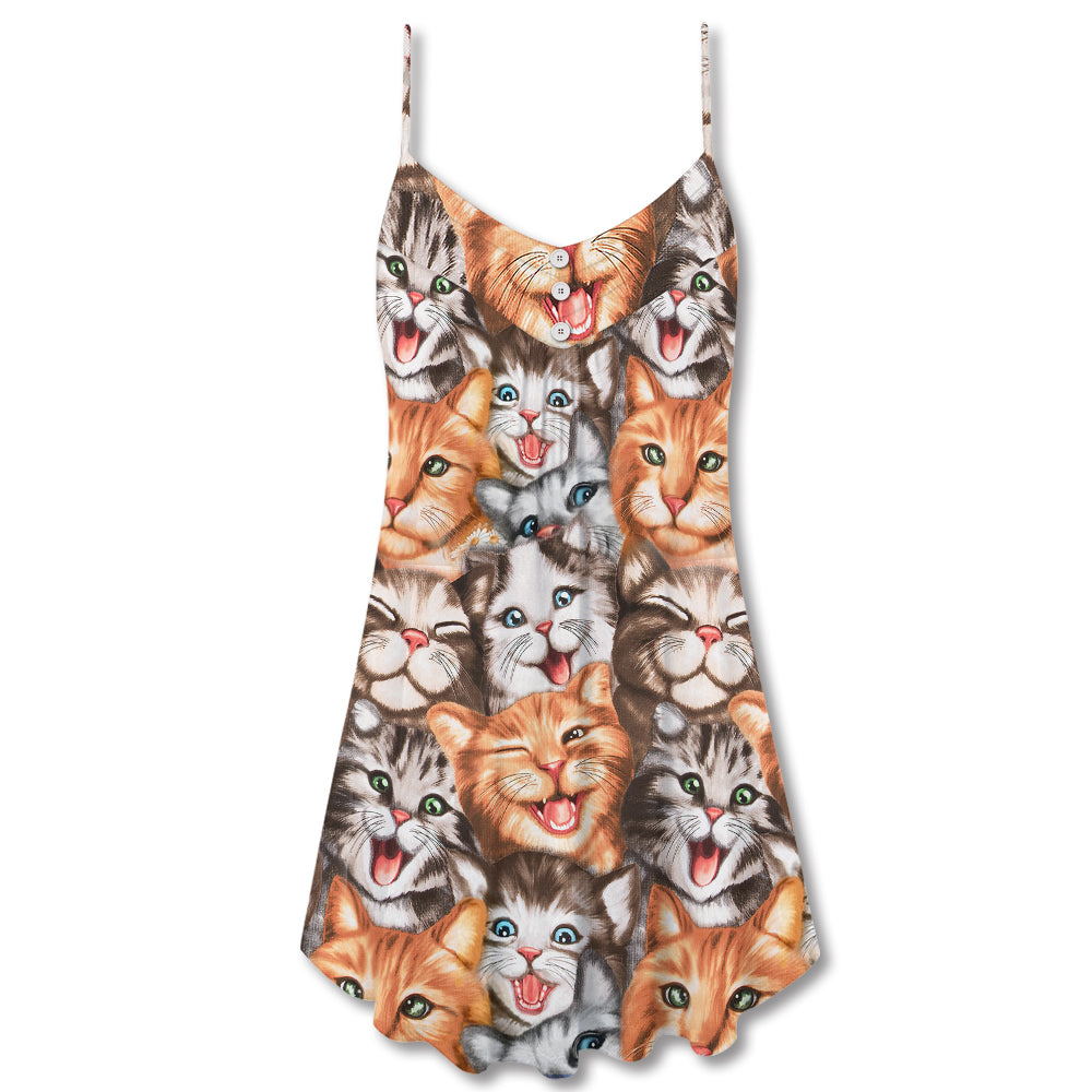 Cat Cute Happy Life With Funny Little Cat - V-neck Sleeveless Cami Dress - Owls Matrix LTD