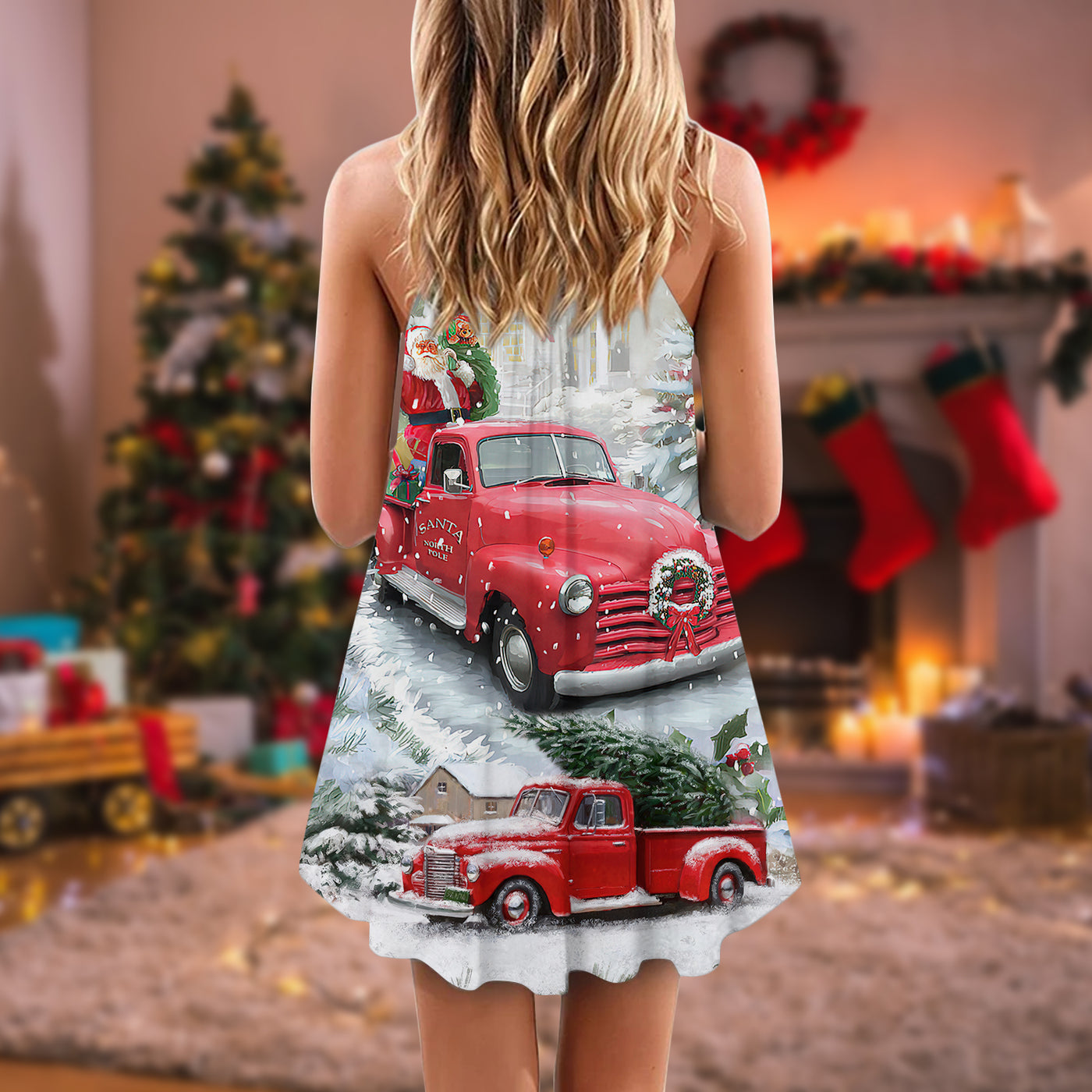 Christmas Santa Claus Red Truck Xmas Is Coming Art Style - V-neck Sleeveless Cami Dress - Owls Matrix LTD