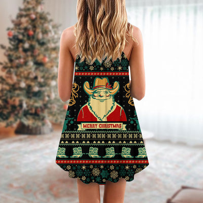 Santa Cowboy Christmas Old Man - V-neck Sleeveless Cami Dress - Owls Matrix LTD