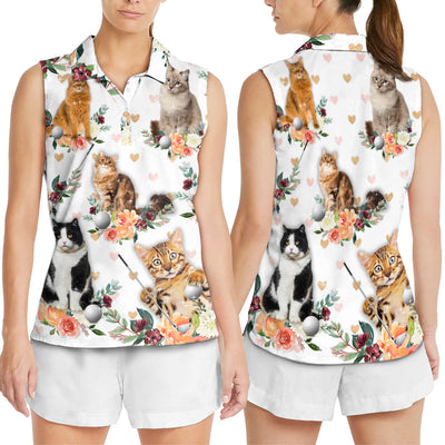 Cat Play Golf Tropical Flower Bling Style Floral - Women's Polo Shirt - Owls Matrix LTD