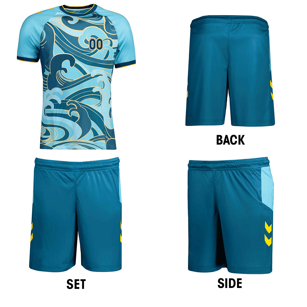 Custom Blue Wave Pattern And Gold - Soccer Uniform Jersey
