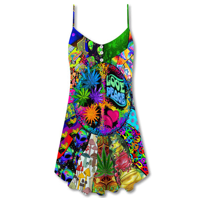 Hippie Alien Frogs Love Peace - V-neck Sleeveless Cami Dress - Owls Matrix LTD