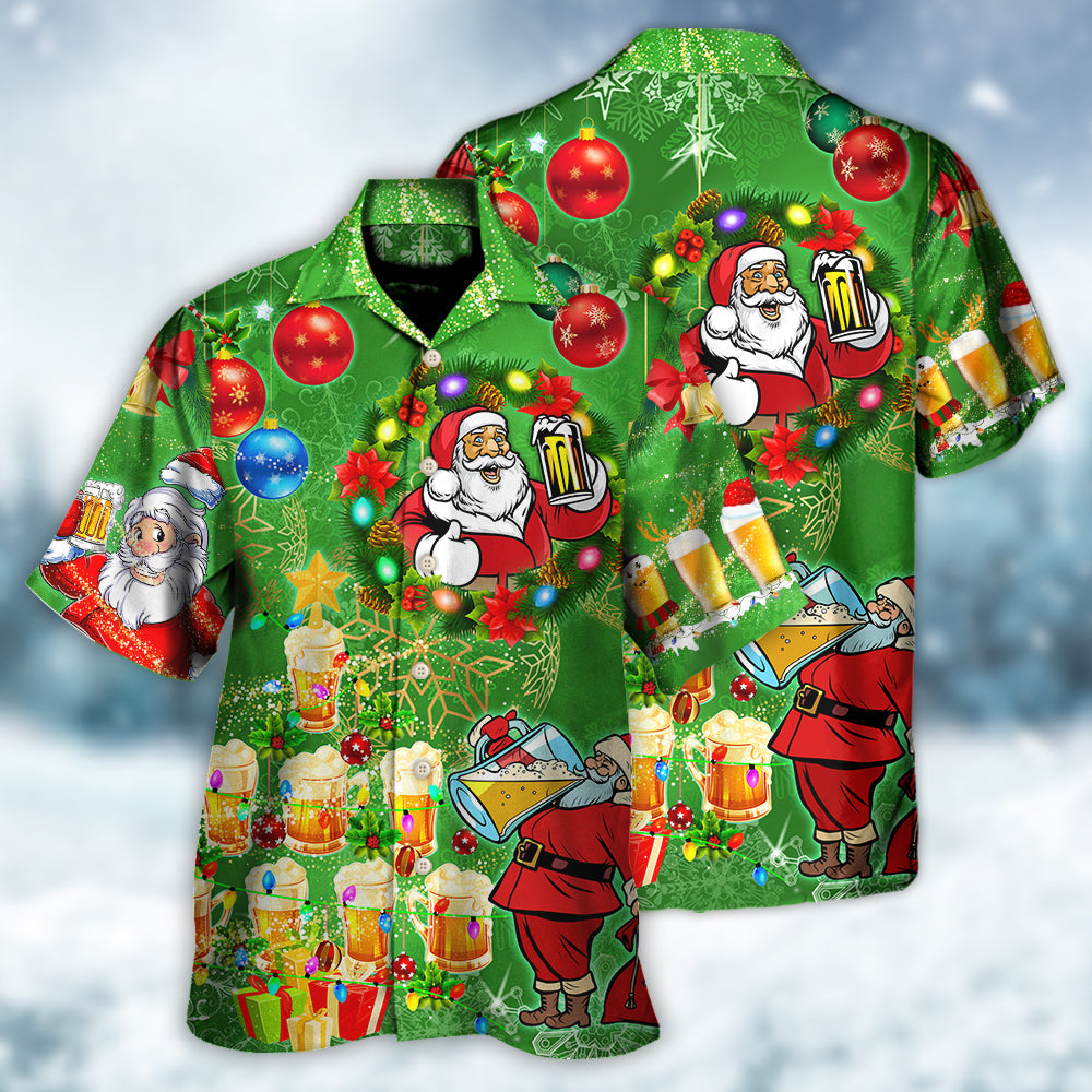 Christmas Funny Santa Claus Drinking Beer Happy Christmas Tree Green Light - Hawaiian Shirt - Owls Matrix LTD