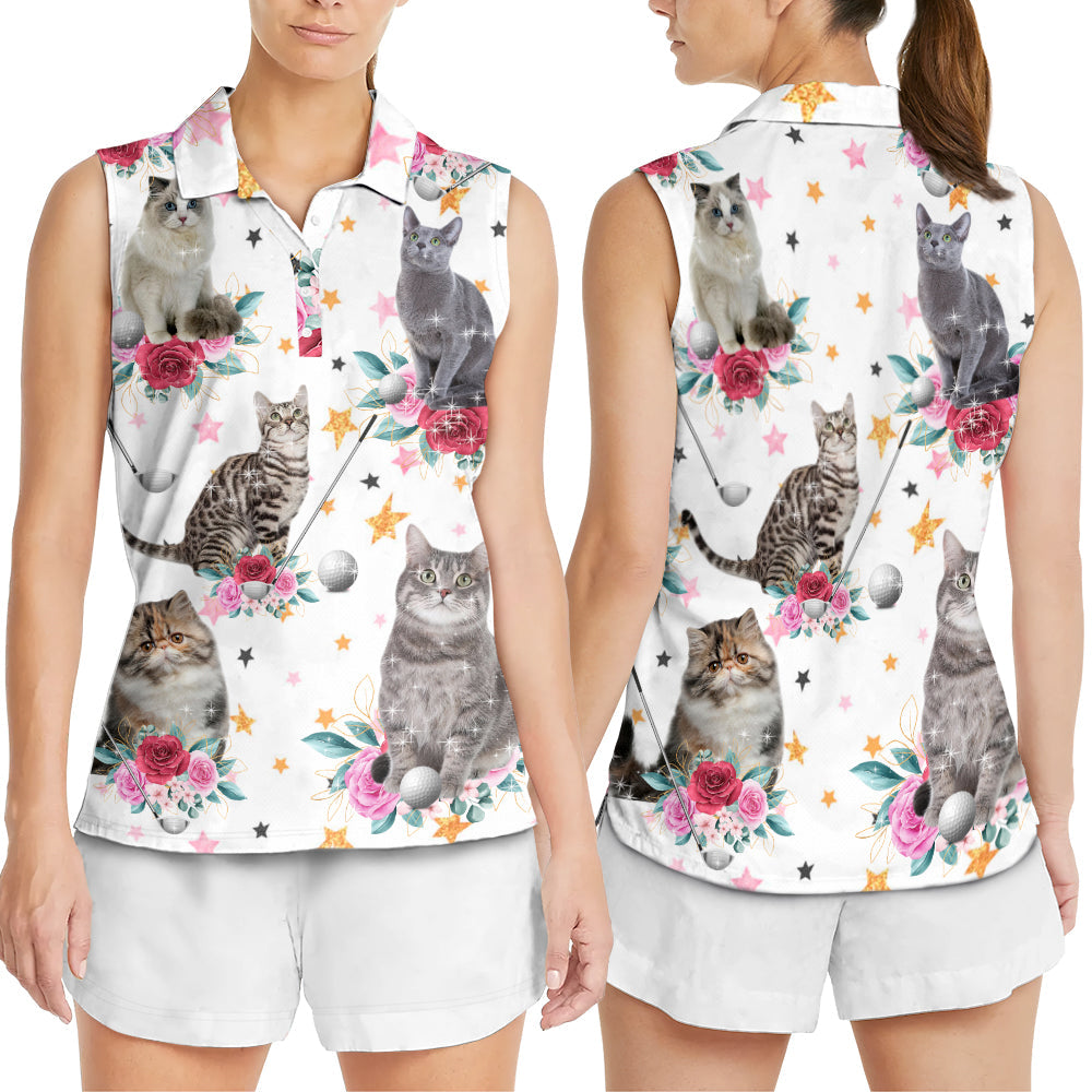 Cat Play Golf Tropical Floral Bling Style - Women's Polo Shirt - Owls Matrix LTD