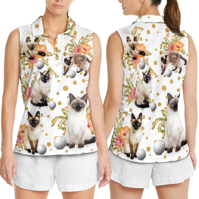 Cat Play Golf Bling Flower Style - Women's Polo Shirt - Owls Matrix LTD